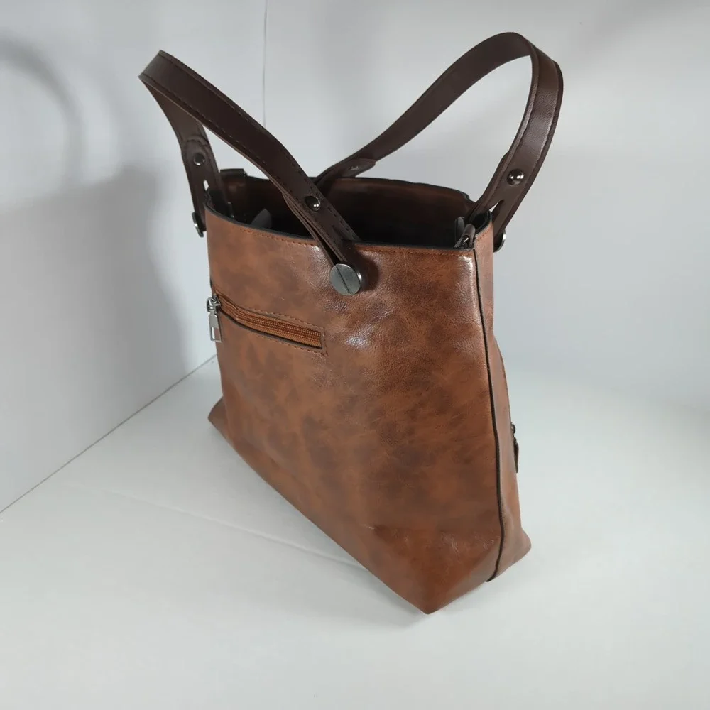 Brown Soft Vegan Leather‎ Satchel Handbag Multi-Pocket Organizer Purse  NEW